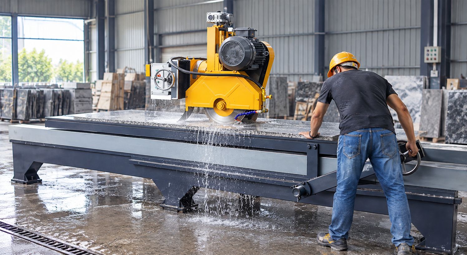 Manual Stone Slab Edge Cutting scene Manual Stone Slab Edge Cutting scene